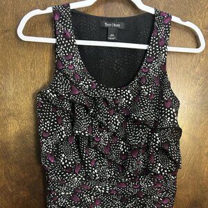 White House Black Market black & purple layered ruffle shell top w/tie belt